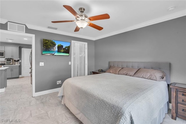 bedroom with ceiling fan and ornamental molding