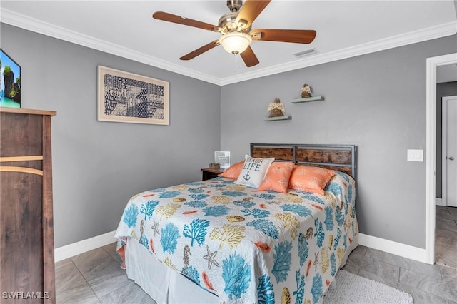 bedroom featuring crown molding, light tile patterned floors, and ceiling fan