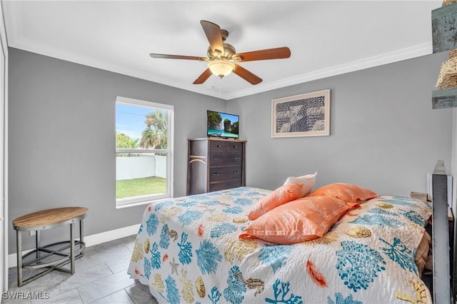 bedroom featuring ceiling fan, crown molding, and light tile patterned flooring