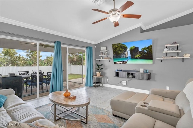 tiled living room with ceiling fan, crown molding, and lofted ceiling