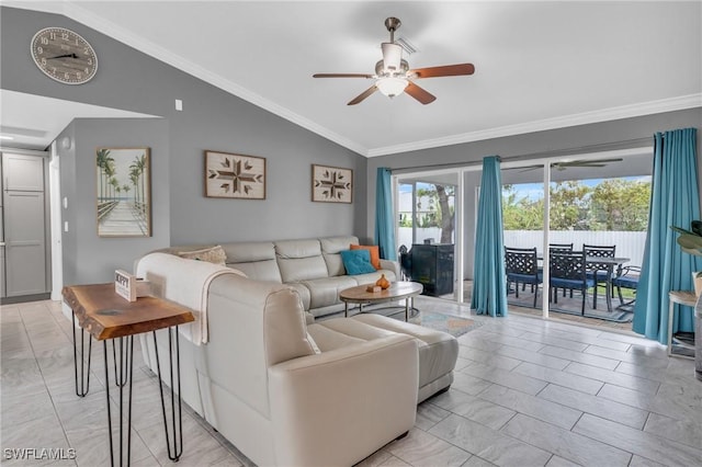 living room with vaulted ceiling, ceiling fan, and ornamental molding