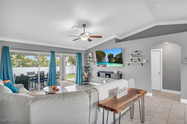 living room featuring light tile patterned floors, vaulted ceiling, ceiling fan, and ornamental molding