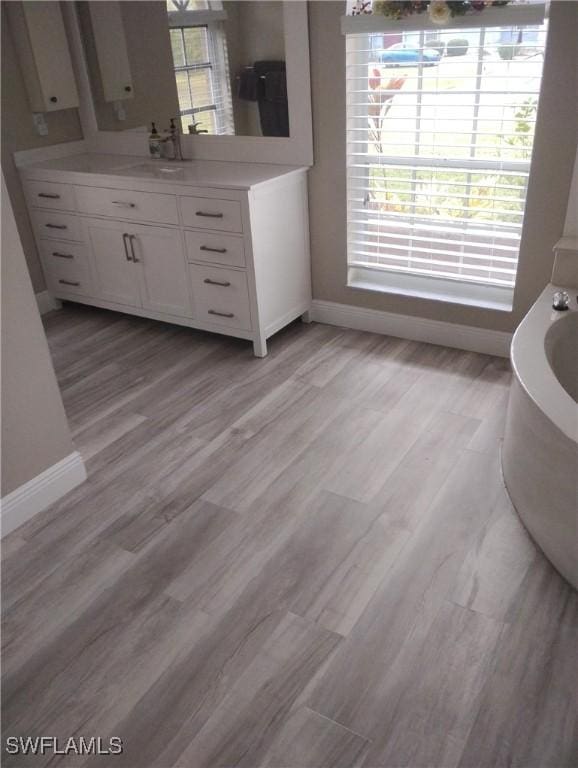 bathroom featuring hardwood / wood-style floors, vanity, and a bathing tub