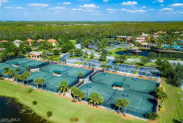 birds eye view of property featuring a water view