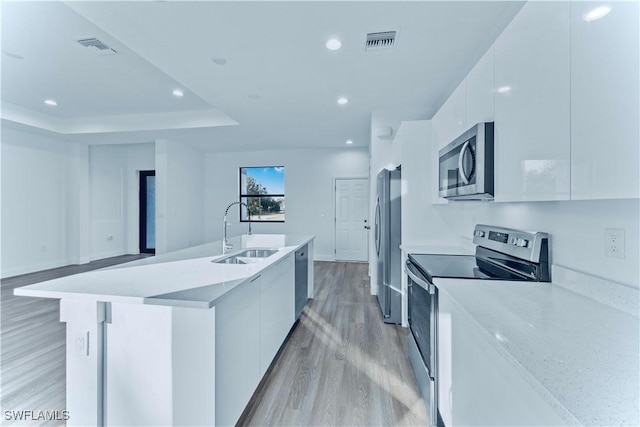 kitchen featuring white cabinets, appliances with stainless steel finishes, an island with sink, light hardwood / wood-style floors, and sink