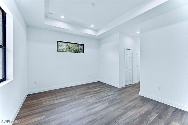 empty room featuring hardwood / wood-style floors and a raised ceiling