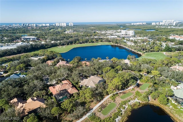 bird's eye view with a water view