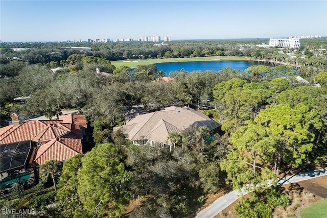 bird's eye view with a water view