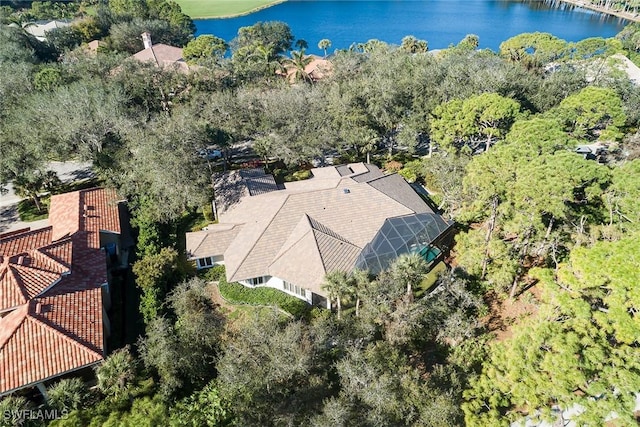 birds eye view of property featuring a water view