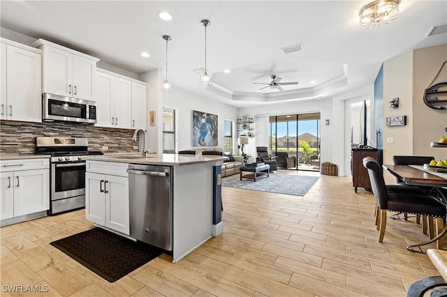 kitchen featuring sink, a raised ceiling, white cabinets, and appliances with stainless steel finishes