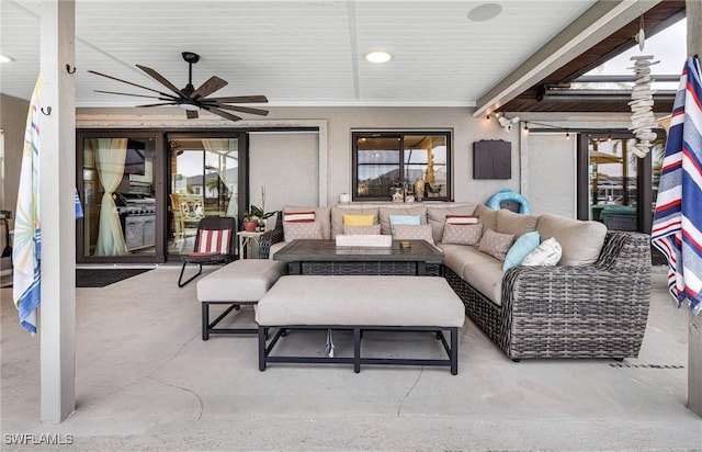 exterior space featuring an outdoor hangout area, a grill, and ceiling fan