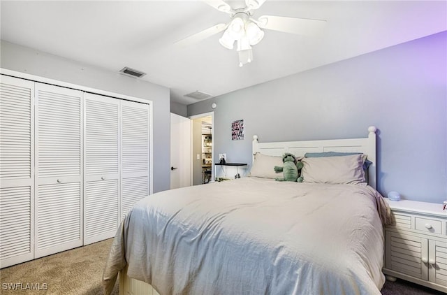 bedroom featuring a closet, ceiling fan, and carpet flooring