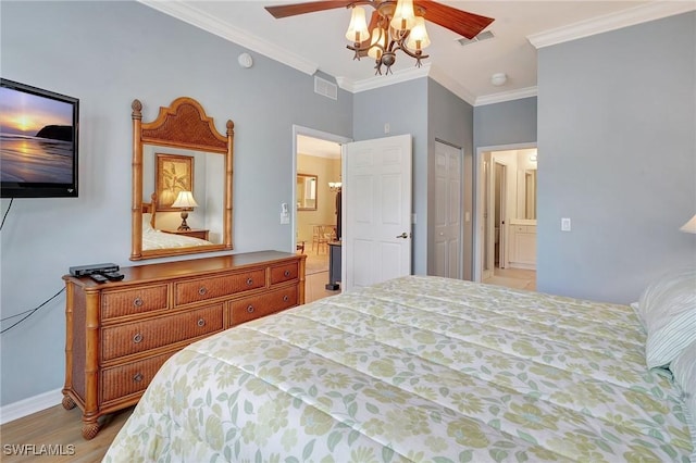 bedroom with light wood-type flooring, ceiling fan, and crown molding