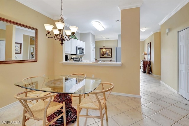 dining area with ornamental molding, light tile patterned floors, and an inviting chandelier