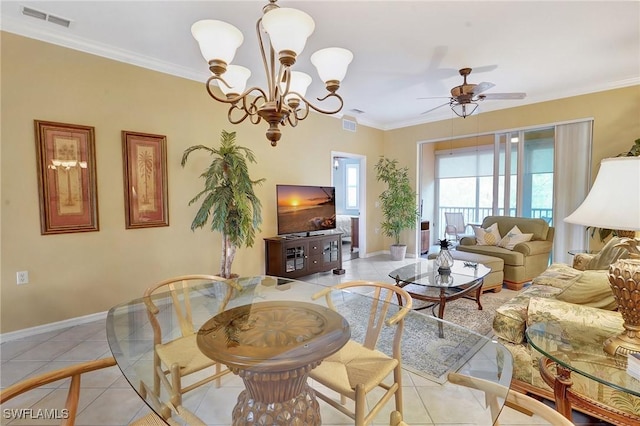 living room with ceiling fan with notable chandelier, crown molding, and light tile patterned flooring