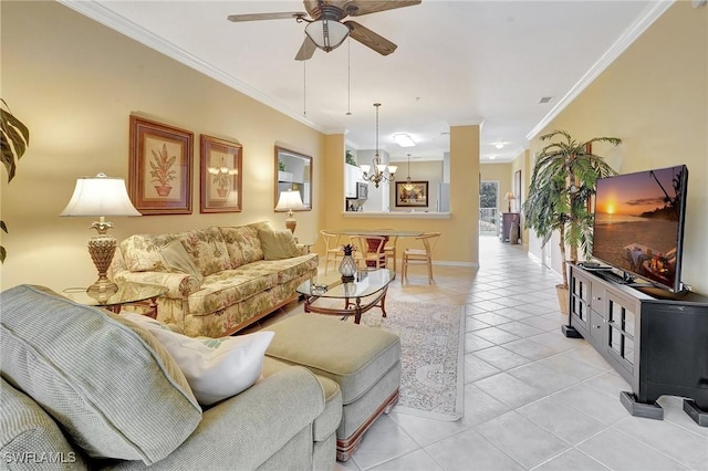 tiled living room featuring crown molding and ceiling fan with notable chandelier