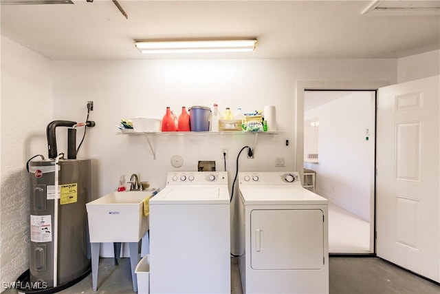 laundry room with sink, independent washer and dryer, and electric water heater