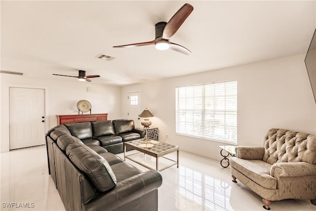 living room with ceiling fan