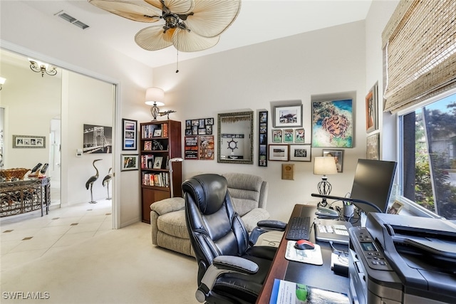 office area featuring light tile patterned floors and ceiling fan