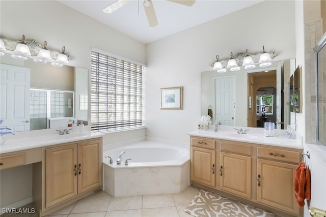 bathroom with vanity, separate shower and tub, and tile patterned flooring