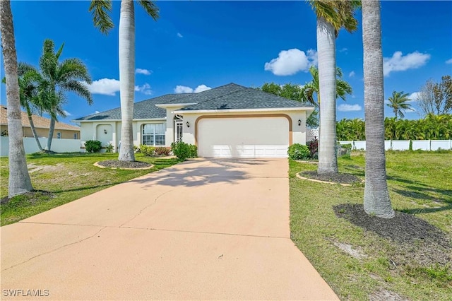 ranch-style house featuring a garage and a front yard