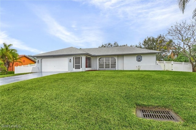 ranch-style house featuring a garage and a front lawn