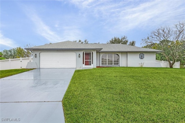 single story home featuring a garage and a front lawn