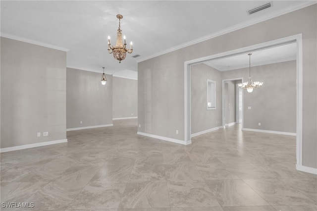 unfurnished room with ornamental molding and a chandelier