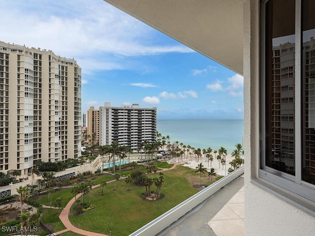 balcony featuring a water view