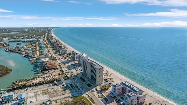 drone / aerial view with a water view and a view of the beach