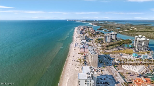 drone / aerial view with a water view and a beach view