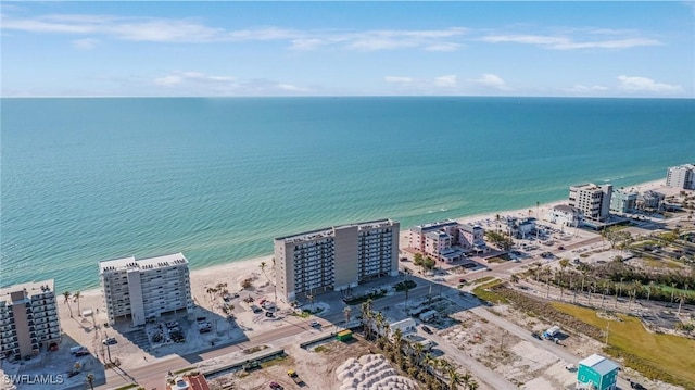 bird's eye view with a water view and a view of the beach