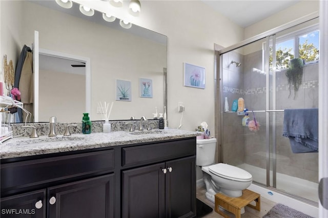 bathroom with vanity, an enclosed shower, and toilet