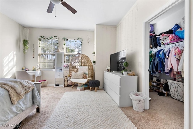 carpeted bedroom featuring a walk in closet, ceiling fan, and a closet