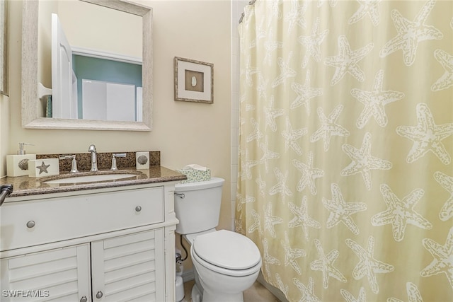 bathroom featuring vanity, toilet, and a shower with shower curtain