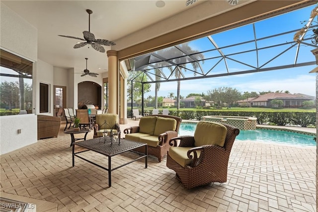 view of patio featuring a swimming pool with hot tub, a lanai, ceiling fan, outdoor lounge area, and a water view