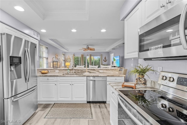 kitchen featuring sink, white cabinetry, light stone countertops, a tray ceiling, and stainless steel appliances