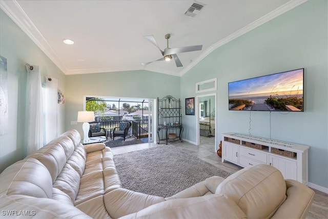 living room featuring vaulted ceiling, ceiling fan, and ornamental molding