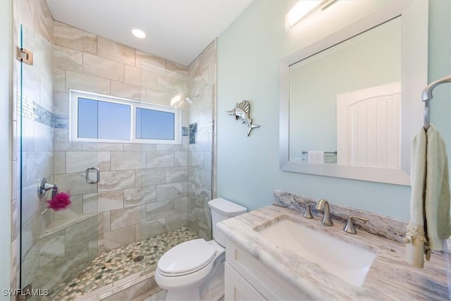 bathroom featuring vanity, toilet, and a shower with door