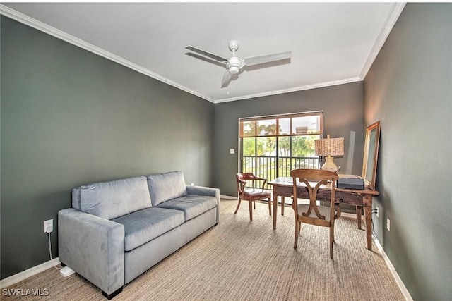 interior space featuring light carpet, ceiling fan, and ornamental molding