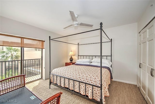 bedroom with a closet, access to exterior, and ceiling fan