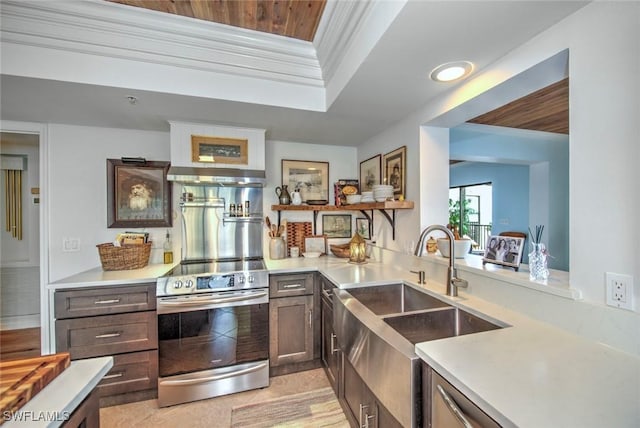 kitchen with sink, light tile patterned floors, stainless steel electric range, and wood ceiling