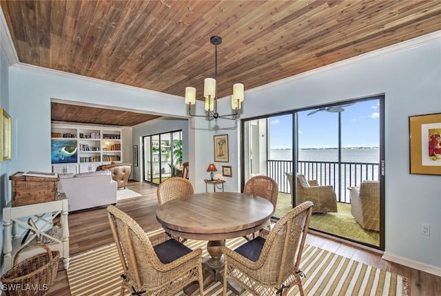 dining space featuring light hardwood / wood-style floors, wooden ceiling, a water view, ornamental molding, and an inviting chandelier