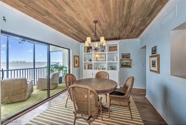 dining space with hardwood / wood-style floors, wood ceiling, a water view, ornamental molding, and an inviting chandelier