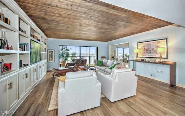 living room featuring light hardwood / wood-style flooring and wooden ceiling