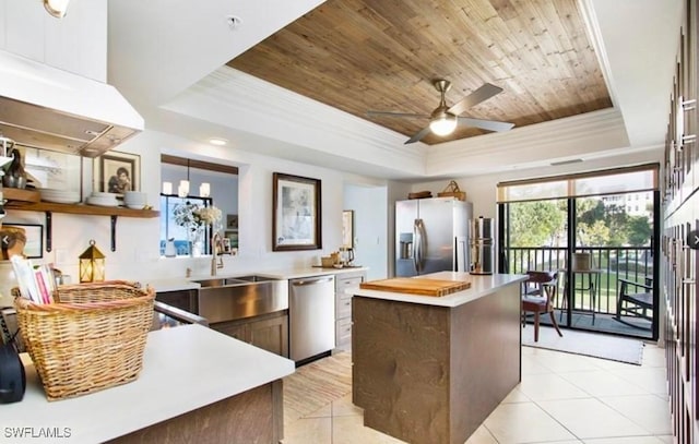 kitchen featuring a raised ceiling, sink, wooden ceiling, a center island, and stainless steel appliances