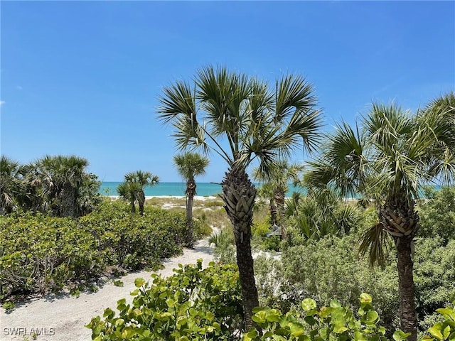 view of landscape featuring a water view and a beach view