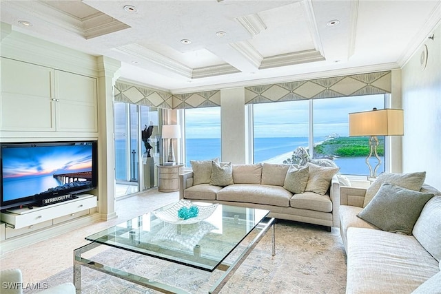 living room featuring coffered ceiling, ornamental molding, beamed ceiling, and a water view