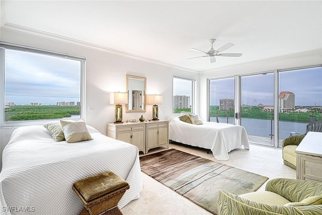 bedroom featuring a water view, ceiling fan, ornamental molding, and access to exterior