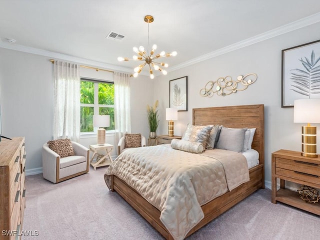 carpeted bedroom featuring crown molding and an inviting chandelier